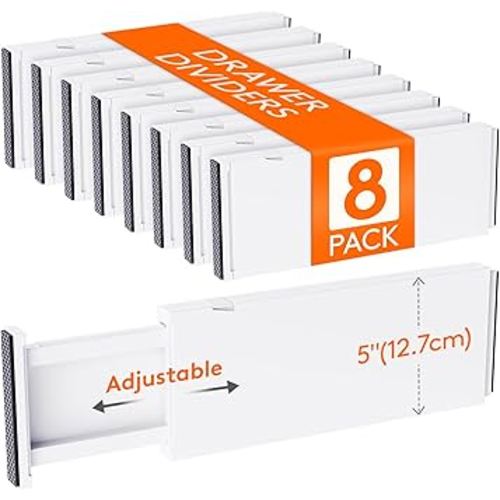 Lifewit 8 Pack 5" High Drawer Dividers 34-56cm/13.5-22" Adjustable Drawer Organizer for Clothes/Utensils, Expandable Drawer Separator in Dresser/Kitchen/Bedroom/Office Organization & Storage White