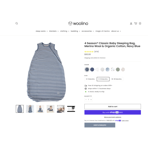 4 Season® Classic Baby Sleeping Bag, Merino Wool & Organic Cotton, Navy Blue