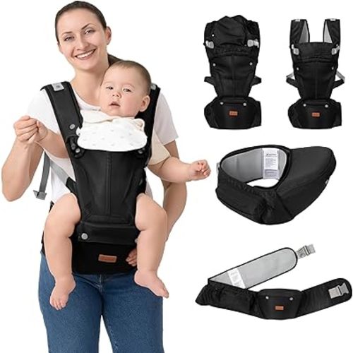 BabbleRoo Grow Carrier – 6-in-1 Baby Carrier with Hip Seat, Ergonomic, Cozy & Adjustable Toddler Carrier 7-50 lbs with Hip & Lumbar Support, Hood for Sun Protection, Newborn to Toddler, Black