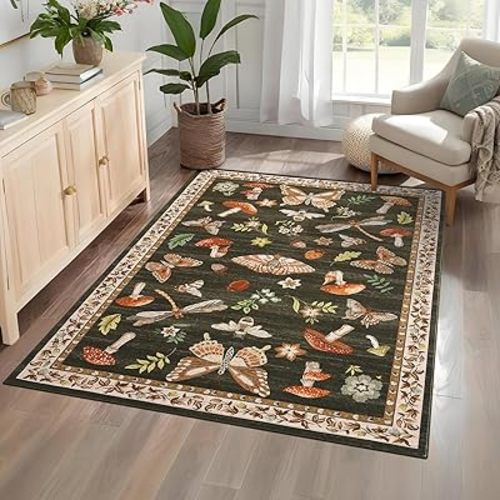 Mushroom 3x5 Area Rug Washable Non-Slip Small Indoor Rugs for Entryway with Rubber Back Soft Low-Pile Stain Resistant Foldable Carpet for Kitchen Bedroom Living Room Mat Brown