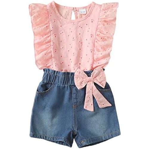 Baby Girl Clothes Toddler Girl Summer Outfit Ruffle Short Sleeve Lace Shirt Blue Jean Shorts Set Toddler Clothes Summer