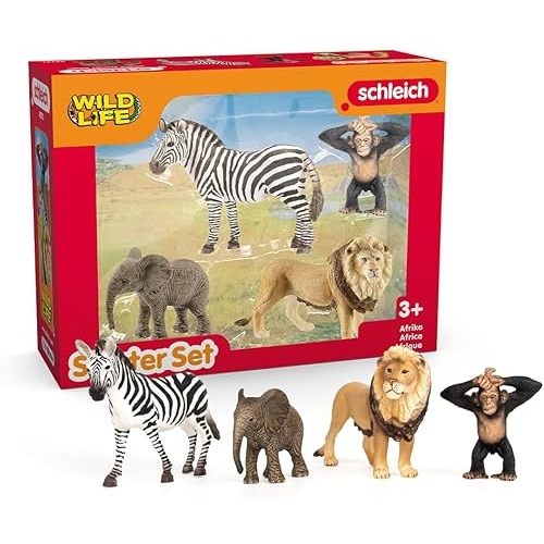 Schleich Wild Life - 4 PC Safari Animals Figurines Set with Zebra, Monkey, Elephant and Lion Toys - Realistic African Animal Figures Playset for Boys and Girls - Educational Toys for Kids Ages 3+