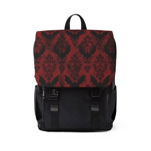 Unisex Casual Shoulder Backpack, Bats, Damask, Red, black, gothic, halloween, spooky, spoopy, witch, vampire