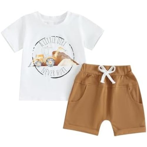Infant Baby Boy Farm Clothes Western Cow/Animals Farm Themed Shirt Top Solid Short Pant 2Pcs Summer Short Outfits