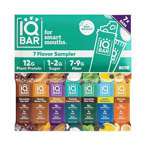 IQBAR Clean Plant Protein Bars - Bar Sampler - 7 Count - Keto, Vegan, High Fiber, Gluten and Dairy Free, Low Sugar Snack - Brain and Body Nutrients for Focus, Energy, Meal Replacement