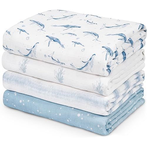 Muslin Swaddle Blankets for Newborn, 4 Pack Organic Cotton Baby Blankets for Boys, Large 31.5 x 43.3 Breathable Soft Receiving Blanket, Essentials Swaddle Wrap Burping Clothes, Blue Whale