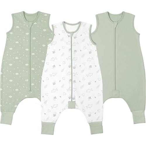 100% Organic Cotton Toddler Sleep Sacks 3 Pack with Feet Foldable Footies 12-24 Months Early Walker Baby Sleeping Sack Bag with Legs Footed Wearable Blanket Sleeveless 2-Way Zipper for Boys Girls