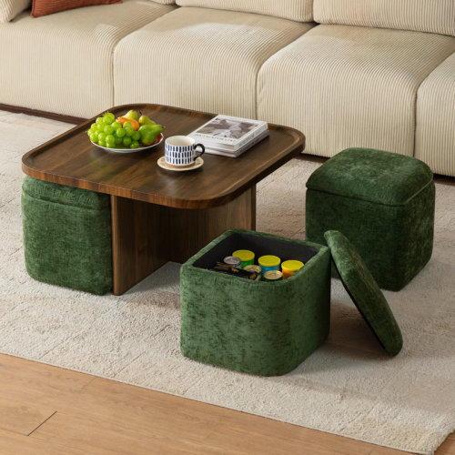 Latitude Run® Coffee Table With 4seat Storage, Mid-century Modern Coffee Tables With 4 Chenille Ottomans , Center Table | Wayfair