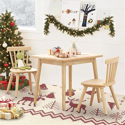 Curipeer Windsor Kids Table and 2 Chair Set, Rubberwood Children Toddler Table and Chair Set with Non-Slip Legs/Round Edge Design for Art, Play, Craft, Activity, Natural Wood