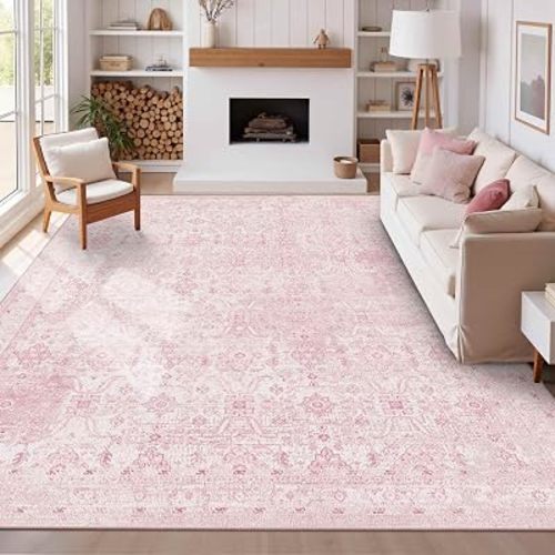 Rugxara 8x10 Area Rugs for Living Room Bedroom,Pink Large Washable Neutral Rug, Vintage Floral Retro Boho Non Slip & Low Pile Carpet for Indoor Dining Room, Classroom, Dorm, Nursery and Kids Room