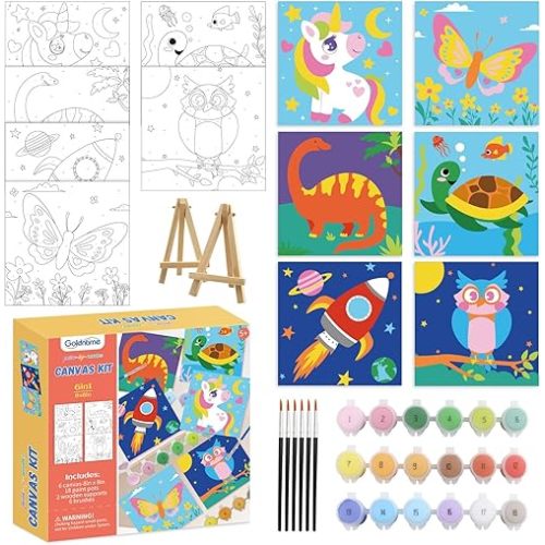 goldentime 6 Pack 8x8inch Paint by Numbers Kit for Kids, Predrawn Canvas for Painting with Unicorn, Butterfly & More, Includes 18 Acrylic Paints, 6 Brushes & Easels, Easy Art Supplies for Kids 4-8-12