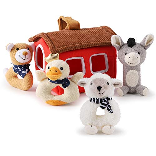iPlay, iLearn Plush Baby Rattles Toys, Soft Fabric Newborn Ring Rattle Set W/ Mirror, Dog, Duck, Donkey, Sheep, Grip Shaker Sensory Development, Infant Gift for 3 6 9 12 18Month, 1 Year Old Girl Boy