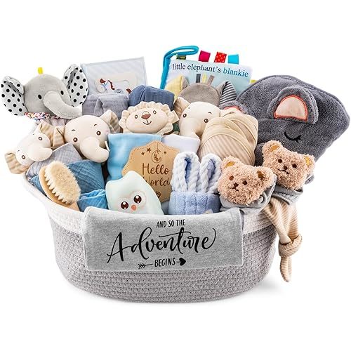 30 Piece Baby Boy Gift Basket, Baby Shower Gifts for Boys, Newborn Essentials Set, Large Baby Gift Set, All-in-One Baby Registry, Swaddle Blanket, Plush, Diaper Caddy Organizer