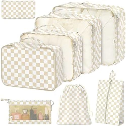 8 Set Packing Cubes for Suitcases,Packing Cube with Shoe, Cosmetics, Clothing, and Accessories Bags Packing Cubes for Travel Luggage Organizer Women Men(Khaki Checkered)