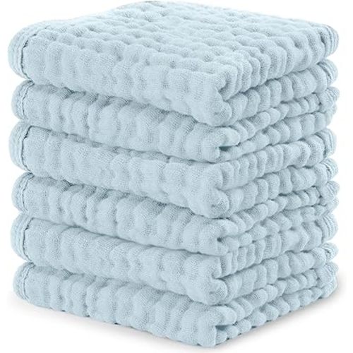 Comfy Cubs Muslin Baby Washcloths 6 Pack - Soft 6-Layer Cotton Wash Cloths for Sensitive Skin - 25 x 25 cm Large, Gentle, Absorbent Infant Essentials for Newborn and Toddlers - Sky Blue