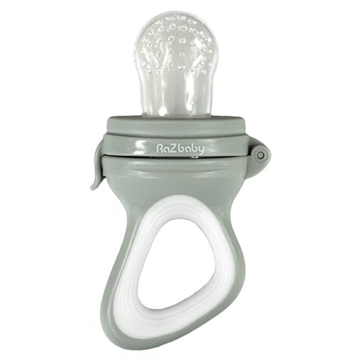 RaZbaby Baby Fruit Feeder/Food Feeder Pacifier | Infant Teething Toy Teether 6M+, Add Baby's Favorite Frozen Fruit or Fresh Food for Teething Relief, Silicone Pouch/Nipple, BPA Free (Grey)