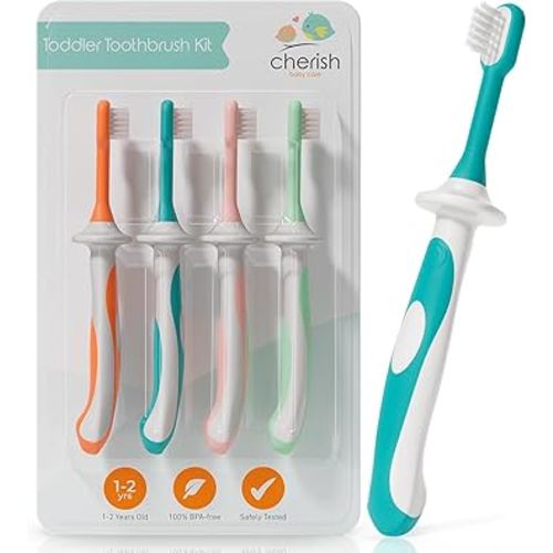 Cherish Baby Care Toddler Toothbrushes 1-2 Years (4-Pack) - BPA-Free & Safety-Tested Kids Toothbrush Kit, Designed by a Pediatric Dentist, Soft-Grip Toothbrush for Kids, My First Toothbrush Set