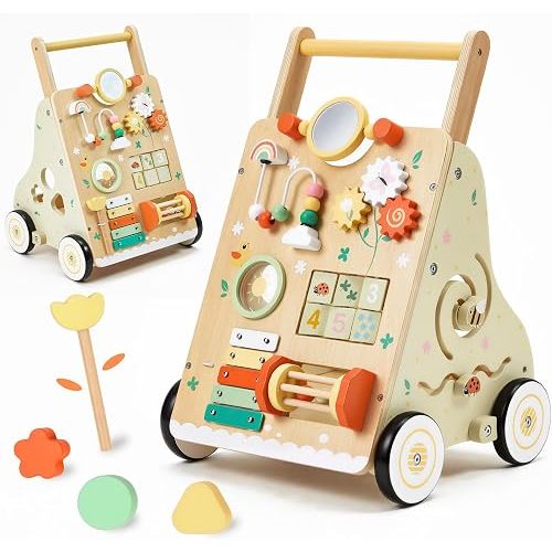 Wooden Baby Push Walker for 1 Year Old, Montessori Wood Walking Toy | with Adjustable Speed and Silent Rubber Wheels, 9-in-1 Activity Center Gift for Babies 6-12 Months