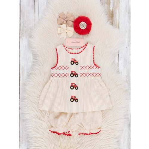 Embroidered Tractor Smocked 100% Cotton Bloomers Outfit