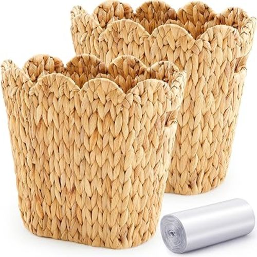 Ziliny 2 Pcs Wicker Trash Can with 50 Tarsh Bags, Scalloped Brim, Nature