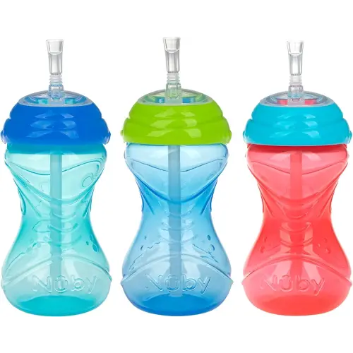 Nuby 3 Piece No-Spill Easy Grip Cup with Flex Straw, Clik It Lock Feature, Boy, 10 Ounce