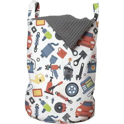 Ambesonne Auto Mechanic Laundry Bag, Cartoonish Style Drawings of Car Repair Elements Colorful Pictograms Print, Hamper Basket with Handles Drawstring Closure for Laundromats, 13" x 19", Multicolor