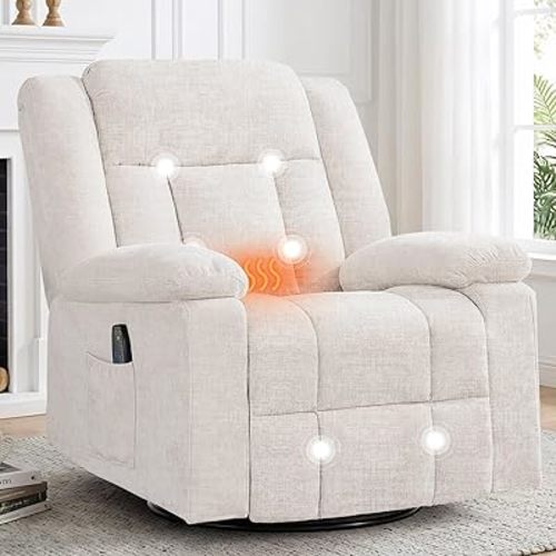 Rocker Recliner Chair for Adults, 360° Swivel Rocker Recliner with Massage and Heating, Nursery Rocking Chairs with Side Pockets, Manual Reclining Chair for Living Room