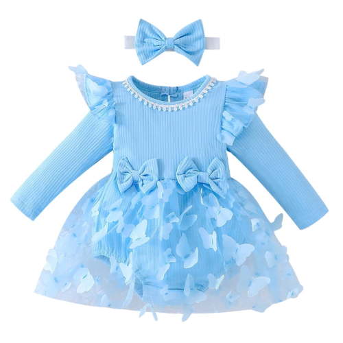 FYMNSI Baby Toddler Girl Ribbed Bowknot Princess Dress with Headband Infant Long Sleeve Tulle Tutu Dresses Newborn 3D Butterfly Romper Outfit 0-3 Months Blue