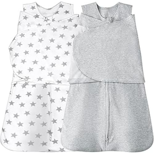 Baby Sleep sack Swaddle,Swaddles 3-6 Months,3-Way Adjustable Wearable Transition Blanket 100% Organic Cotton 2-Piece,12-18 lbs,1.0 TOG(Star&Grey)