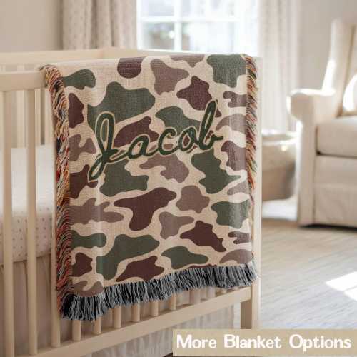 Personalized Camo Baby Blanket, Custom Name Hunting Nursery Blanket, Cozy Outdoor Throw, Baby Boy Gift, Duck Camouflage Woven Blanket