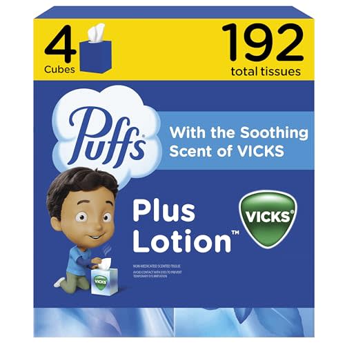 Puffs Plus Lotion with Vicks Facial Tissues, 4 Cubes, 48 Tissues per Box (192 Tissues) [Packaging May Vary]
