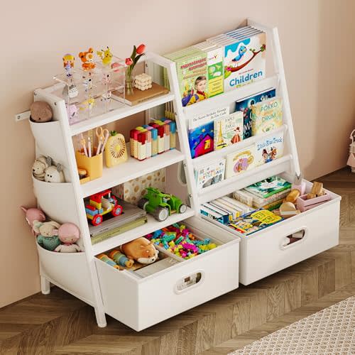Homeiju Kids Bookshelf and Toy Storage Organizer, 3 Tier Kids Bookcase, Sling Bookshelf and 2 Toy Bins with Toy Storage Organizer for Children Room, Playroom, Nursery, White
