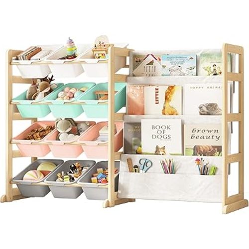 Toy Storage Organizer with Bookshelf - 12 Storage Bins 4-Tier Multipurpose Shelf to Organize Toys and Books for Kids Room, Playroom, Nursery Room, Multi-Color