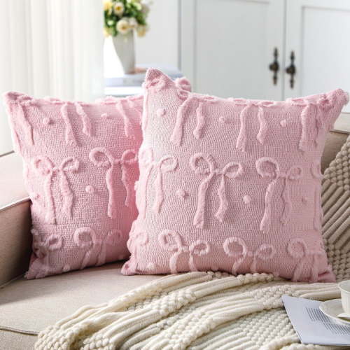 Pink Bow Pillow Covers, Coquette Room Decor Cute Faux Fur Soft Bowknot Preppy Stuff Fluffy Plush Aesthetic Pillow Covers for Bed Sofa Couch, 18x18 Inch
