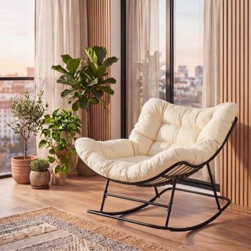Oversized Papasan Rocking Chair with Thick Weather Resistant Cushion for Indoor Outdoor Use Heavy Duty Steel Frame Supports 450 Pounds Beige