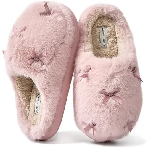 ADAX Fuzzy Slippers for Women Cozy Plush House Shoes with Memory Foam,Winter Warm Faux Fur Lining & Bow Accent Slippers with Non Slip Outsole for Indoor Outdoor Use