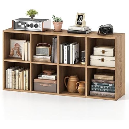 Tangkula 8-Cube Bookcase, Large Floor Standing Horizontal Bookshelf with 8 Open Shelves & 2 Anti-Tipping Kits, Home Office Wooden Storage Book Shelf for Living Room, Study (Natural, 8-Cube)