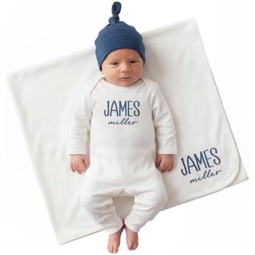 Linkababy Personalized Baby Boy Coming Home Outfit, 100% Cotton Embroidered Romper, Hat, Blanket, Baby Showers, Newborn 0-3M