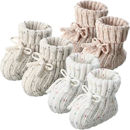 3 Pairs Knitted Baby Booties 0-6 Months Newborn Baby Shoes First Walkers Cozy Shoes for Infant Girl Boy