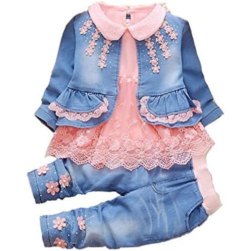 Peacolate 6M-4Years Spring Fall Baby Girls Clothing Set 3pcs Long Sleeve Dress Denim Jacket and Jeans