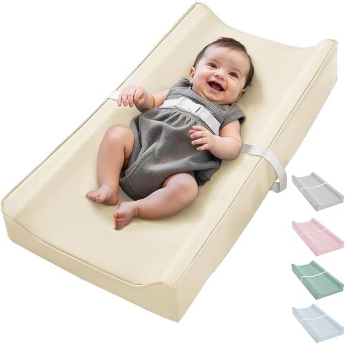Vegan Leather Waterproof Baby Changing Pad - Wipeable, Extra Thick & Portable & Non-Slip Diaper Mat for Dresser, Crib, Travel | Soft & Safe (Beige)