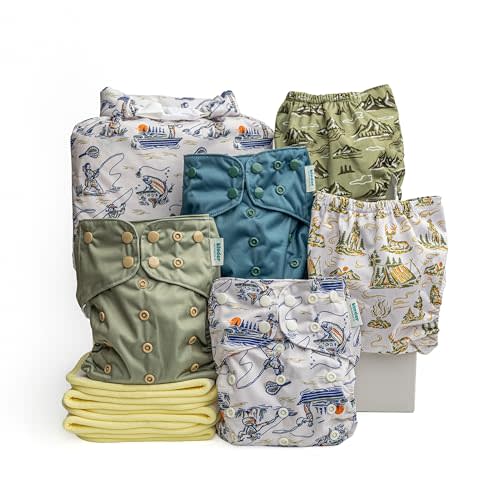 Kinder Cloth Diapers Reusable Baby Diapers Pocket Style Athletic Wicking Jersey, Bamboo Viscose Inserts, Wet Bag, Newborn to Potty Training 7-60lbs, One Size (Great Outdoors, 5 Pack, with Inserts)