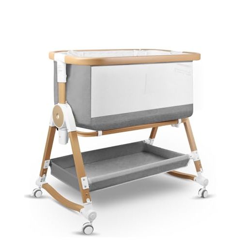 suihuooo 4 in 1 Baby Bassinet, Bassinets Bedside Sleeper with Wheels and Storage Basket, Adjustable 7 Heights Bedside Sleeper with Mosquito Net, Breathable Mesh Rocking Bassinet for Baby (Grey)