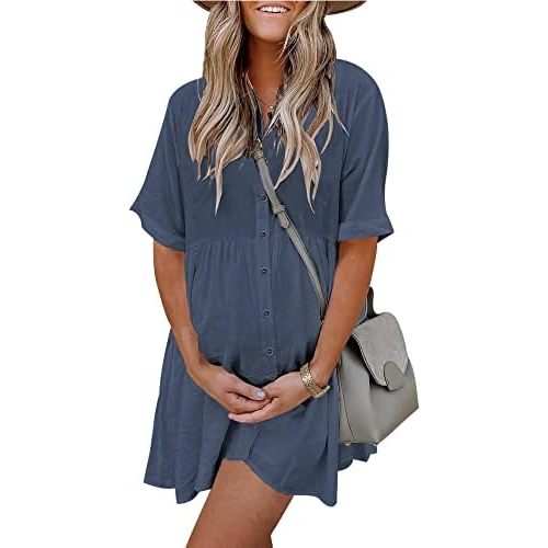 PYGFEMR Women's Short Sleeve Babydoll Dress Button Down Dresses with Pockets