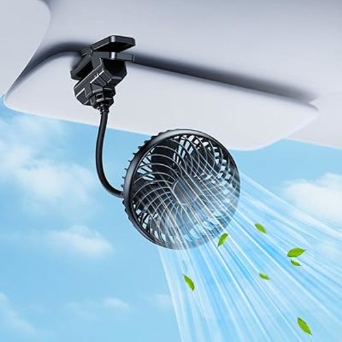 2000mAh Rechargeable Clip On Fan for Car Visor Back Seat Roof Handles, 360 Hose Arm Portable Car Fan Rechargeable for SUV Van RV Pickup Truck Camping Desk Bed Stroller Baby Crib