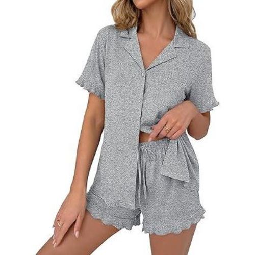 Ekouaer Pajamas Set for Women Button Down Pjs Lounge Sets Ruffle Short Sleeve Sleepwear Cute Loungewear Light Gray L