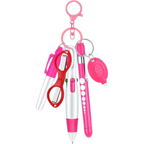 6 Pcs Nurse Pen Set Include Permanent Marker Pen Retractable Ballpoint Pen Keychain Clip Foldable Scissors Lights LED Flashlight Keychain for Nurse Accessories(Pink)