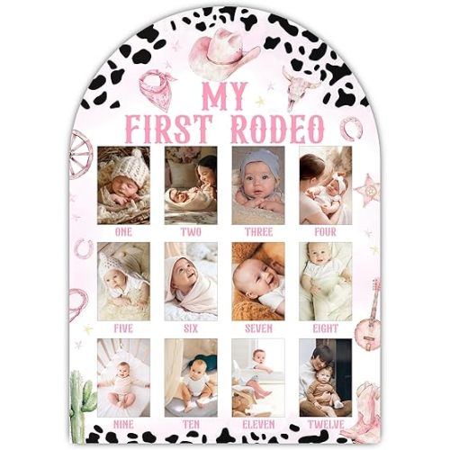 My First Rodeo My First Year Photo Board, Pink Cowgirl Baby Milestone Signs for Girls Boys Nursery Decor, 12 Month Wooden Picture Board for 2x3 Photos, Best Babies Keepsake Gifts-A14
