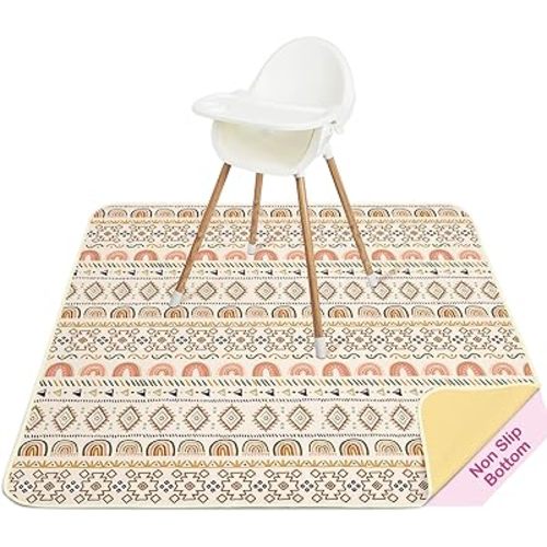 Basumee Splat Mat High Chair Mat Waterproof Baby Play Splat Mat for Under High Chair Food Catcher Highchair Mat for Floor Non Slip Bottom, Brown Geometry, 51x51 Inches