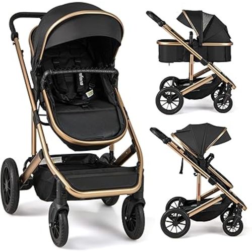 INFANS 2 in 1 Baby Stroller, Folding Newborn Pram Convertible Stroller Bassinet for Infant Foldable High Landscape Shock Absorption with Reversible Seat Aluminum Structure for Pushchair